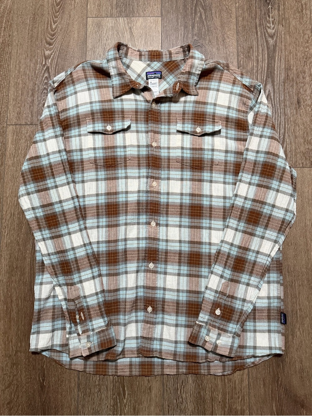 Patagonia Brown and Light Blue Plaid Flannel Button-Down Shirt